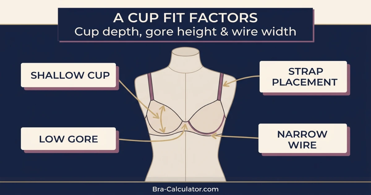 Diagram showing key A cup bra fit factors including gore height, cup depth, and wire width for narrow frames