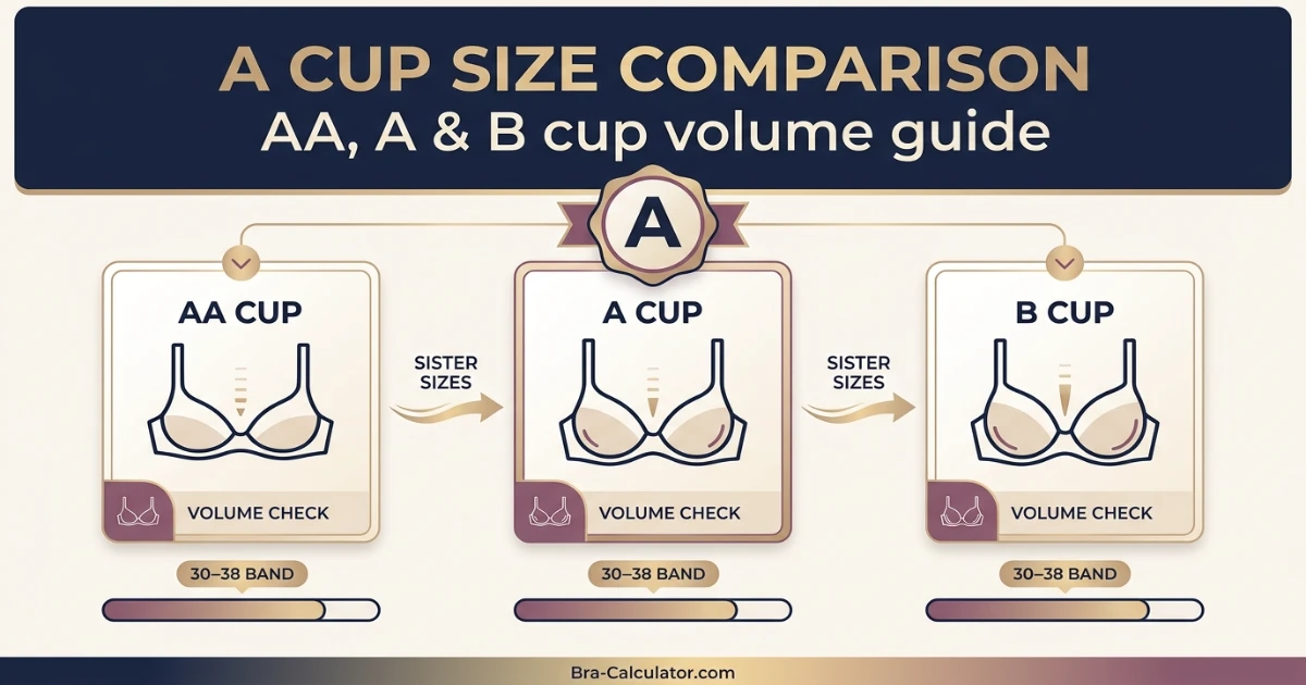 A cup size comparison chart showing volume difference between AA, A, and B cup across different band sizes