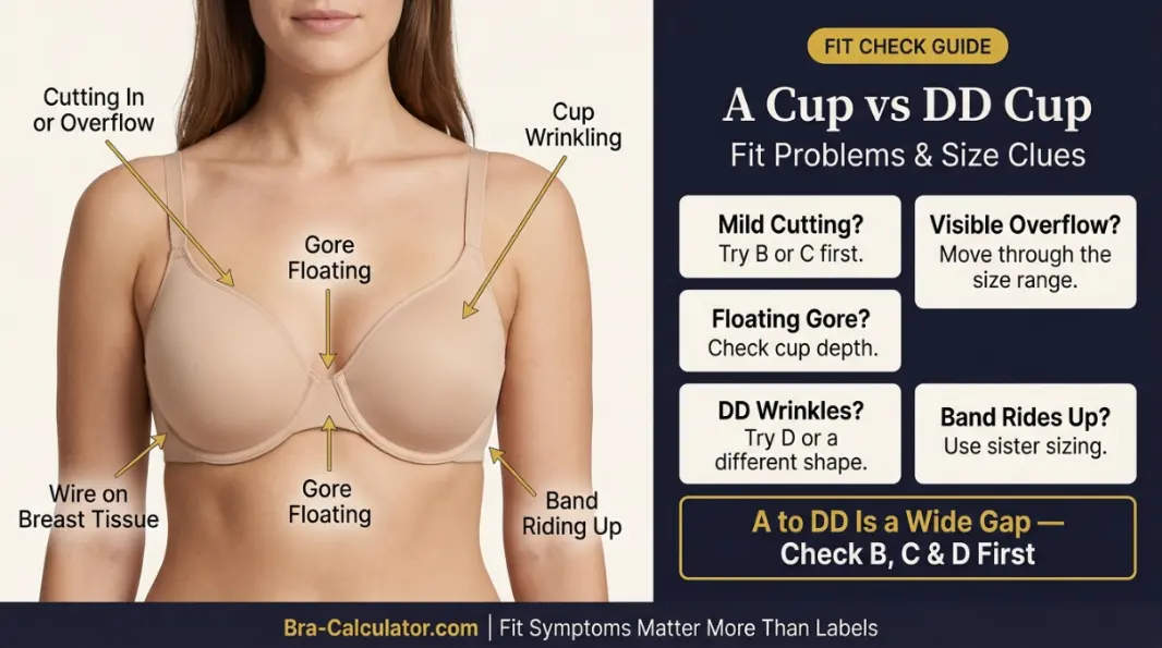 A Cup vs DD Cup fit problem diagram showing mild cutting vs major overflow, floating gore, and middle-size checkpoints
