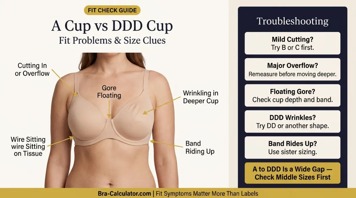 A Cup vs DDD Cup fit problem diagram showing mild cutting vs major overflow, floating gore, and middle-size checkpoints