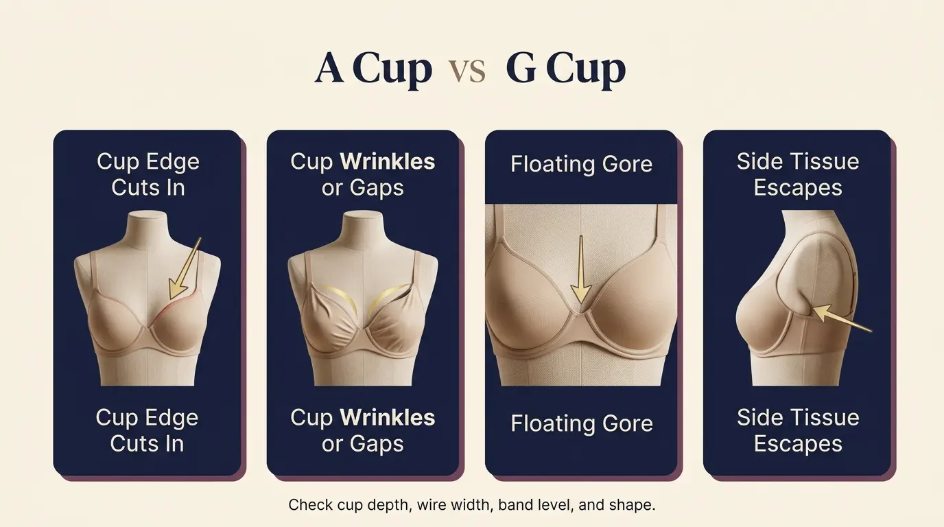 A Cup vs G Cup fit problem diagram showing gaping spillage floating gore side tissue and strap pressure