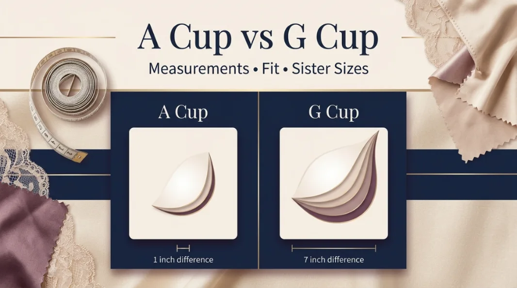 A Cup vs G Cup premium comparison hero with measurement tape and navy gold Bra-Calculator branding