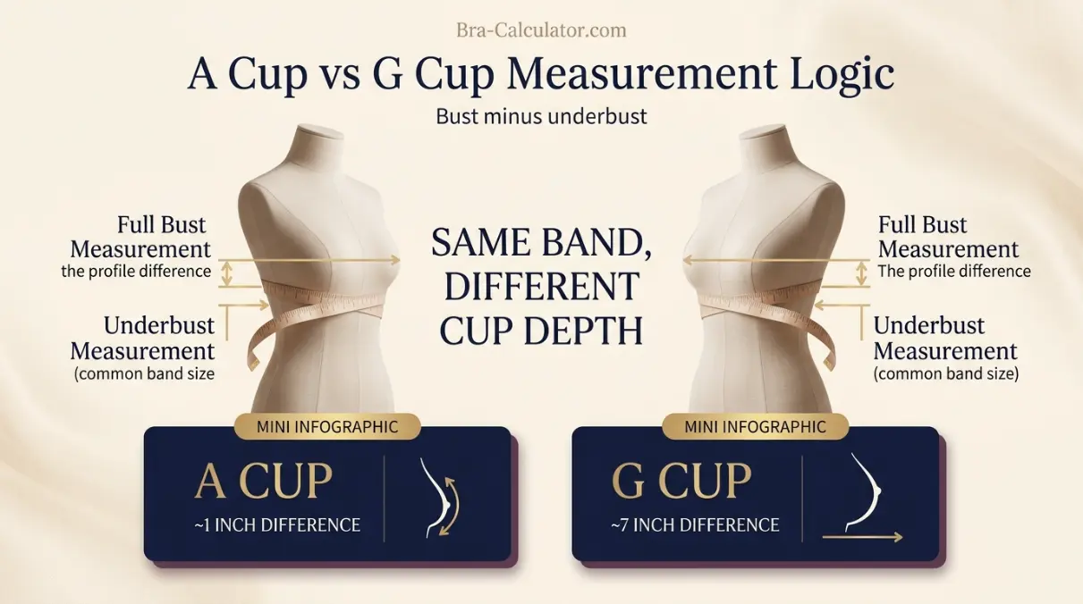 A Cup vs G Cup measurement diagram showing bust minus underbust cup depth difference