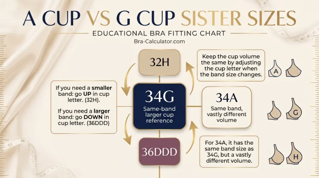 A Cup vs G Cup sister size ladder showing band and cup adjustments