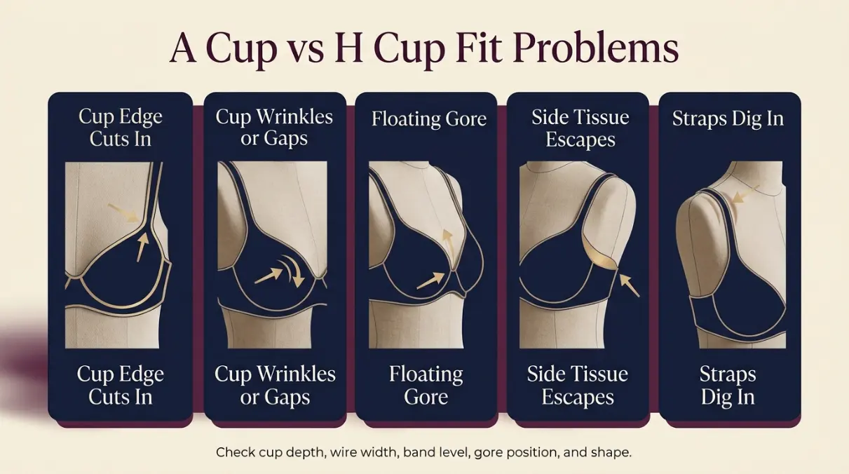A Cup vs H Cup fit problem diagram showing gaping spillage floating gore side tissue and strap pressure