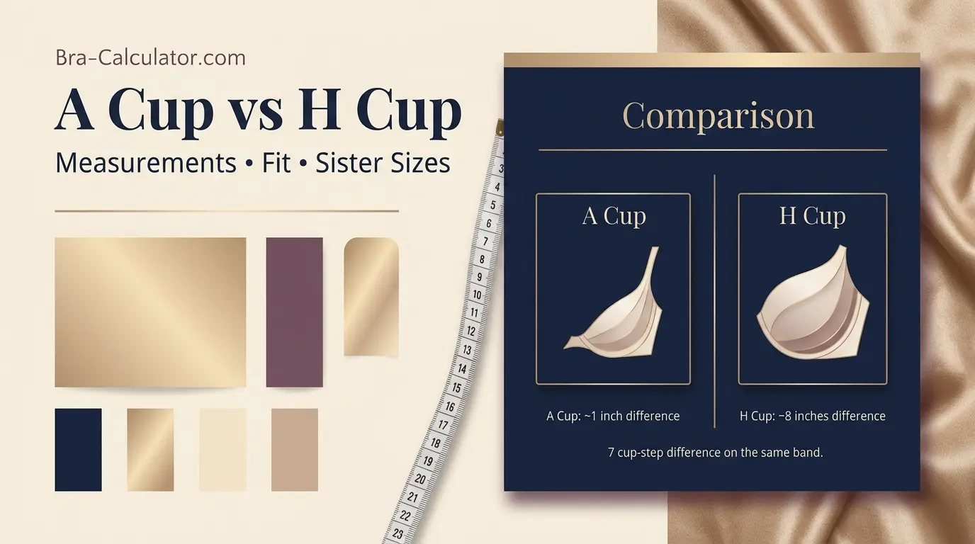 A Cup vs H Cup premium comparison hero with measurement tape and navy gold Bra-Calculator branding