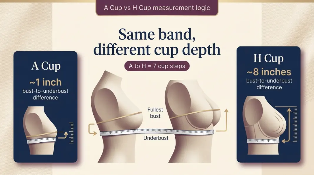 A Cup vs H Cup measurement diagram showing bust minus underbust cup depth difference