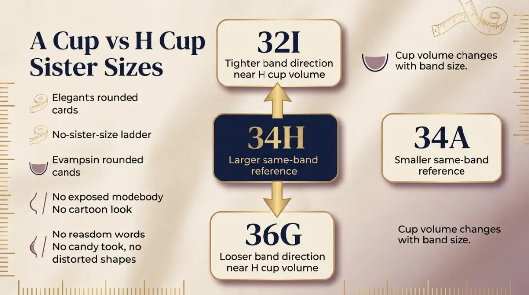 A Cup vs H Cup sister size ladder showing band and cup adjustments