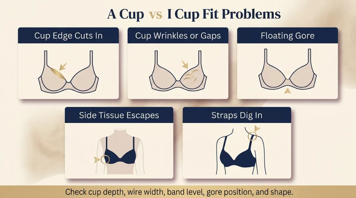 A Cup vs I Cup fit problem diagram showing gaping spillage floating gore side tissue and strap pressure