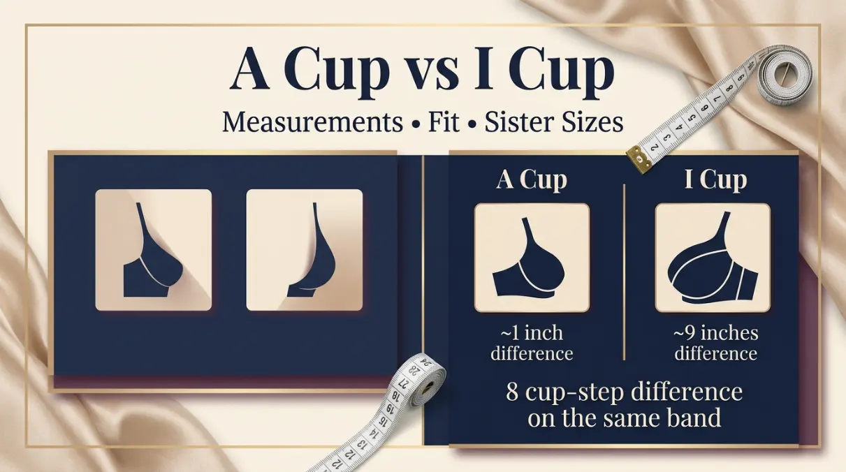 A Cup vs I Cup premium comparison hero with measurement tape and navy gold Bra-Calculator branding