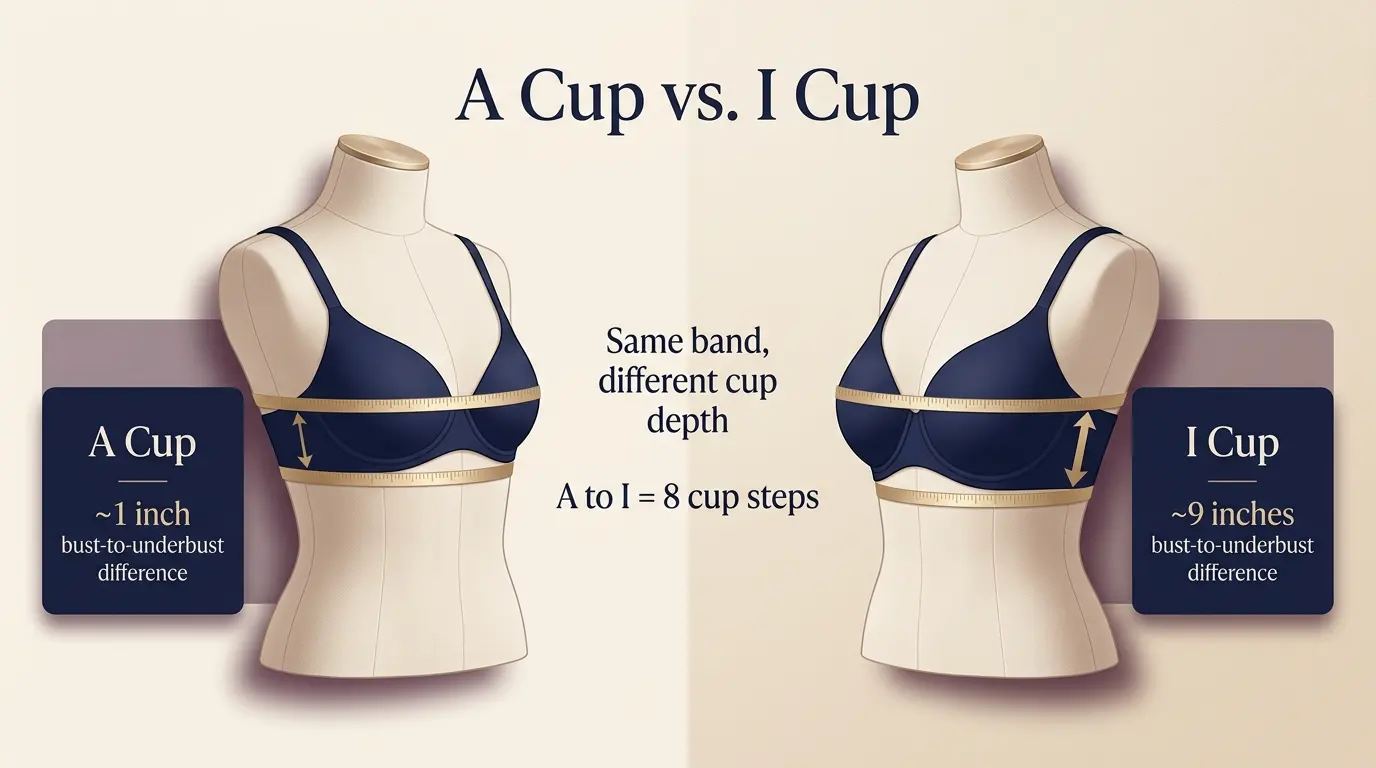 A Cup vs I Cup measurement diagram showing bust minus underbust cup depth difference