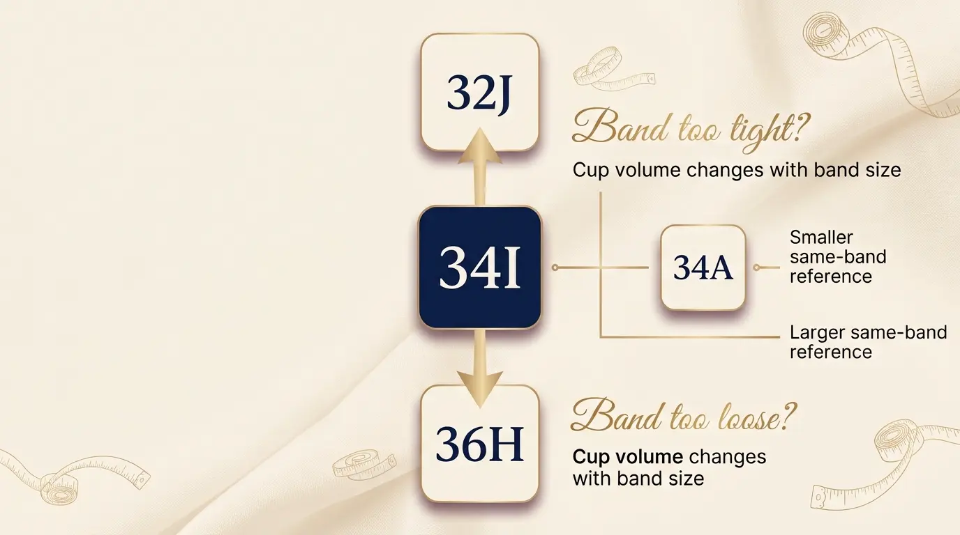 A Cup vs I Cup sister size ladder showing band and cup adjustments