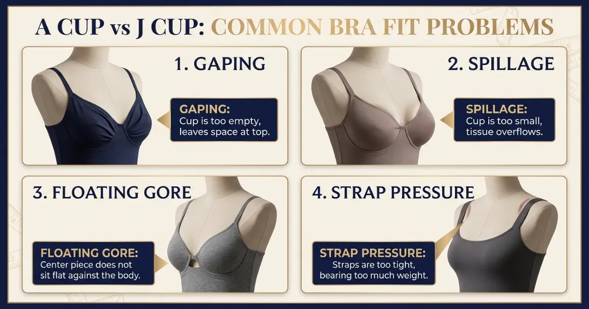 A Cup vs J Cup fit problem diagram showing gaping spillage floating gore side tissue and strap pressure