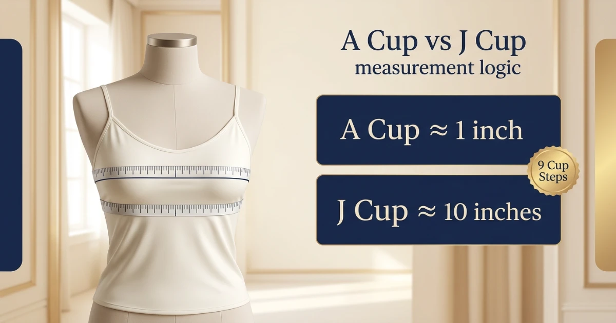 A Cup vs J Cup measurement diagram showing bust minus underbust cup depth difference
