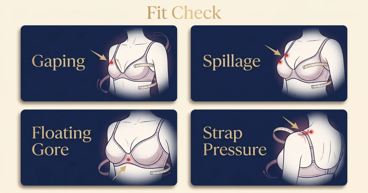 A Cup vs K Cup fit problem diagram showing gaping spillage floating gore side tissue and strap pressure