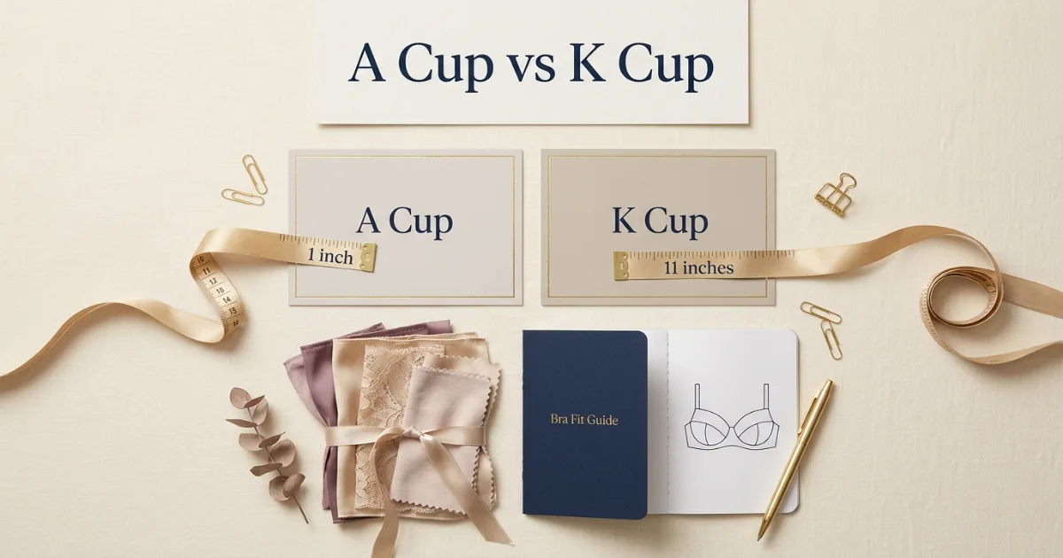 A Cup vs K Cup premium comparison hero with measurement tape and navy gold Bra-Calculator branding