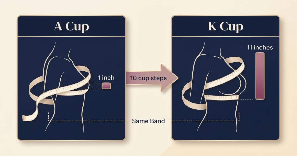 A Cup vs K Cup measurement diagram showing bust minus underbust cup depth difference