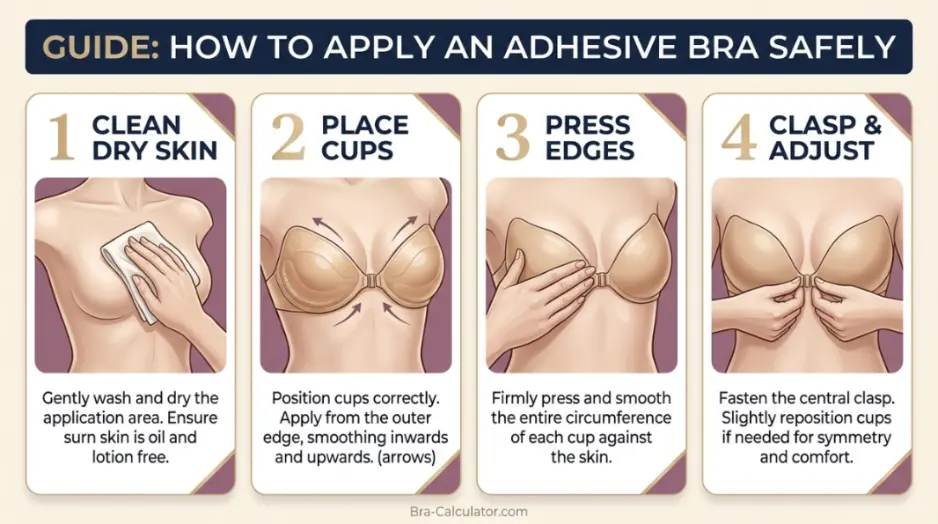 Adhesive bra application diagram showing clean skin placement and center clasp adjustment
