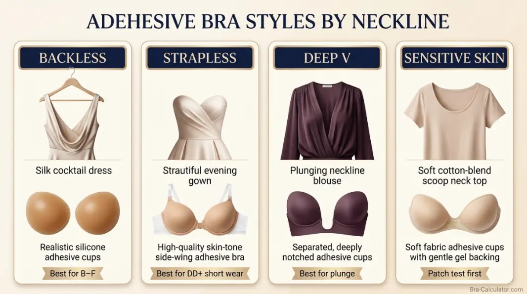 Adhesive bra comparison chart by neckline cup size and reuse type
