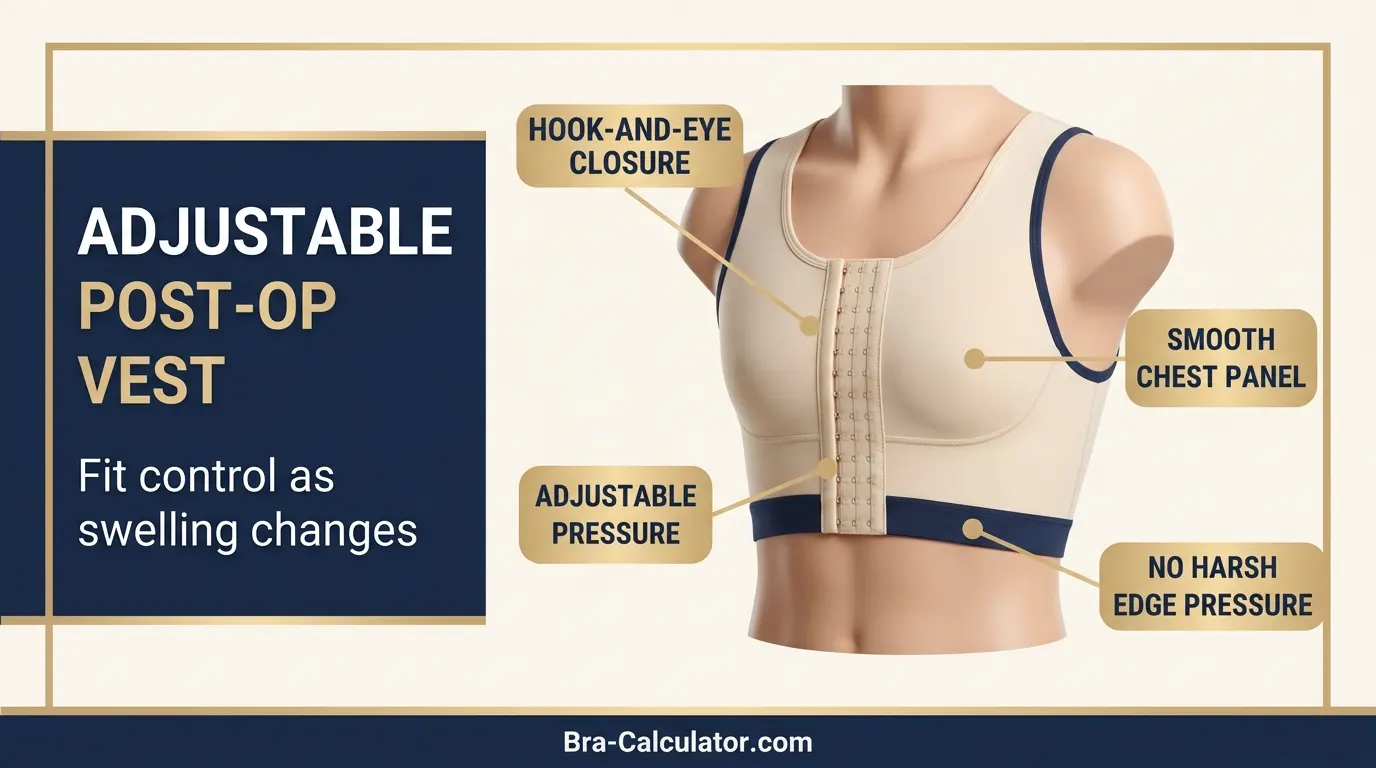 Adjustable hook and eye post op gynecomastia compression vest