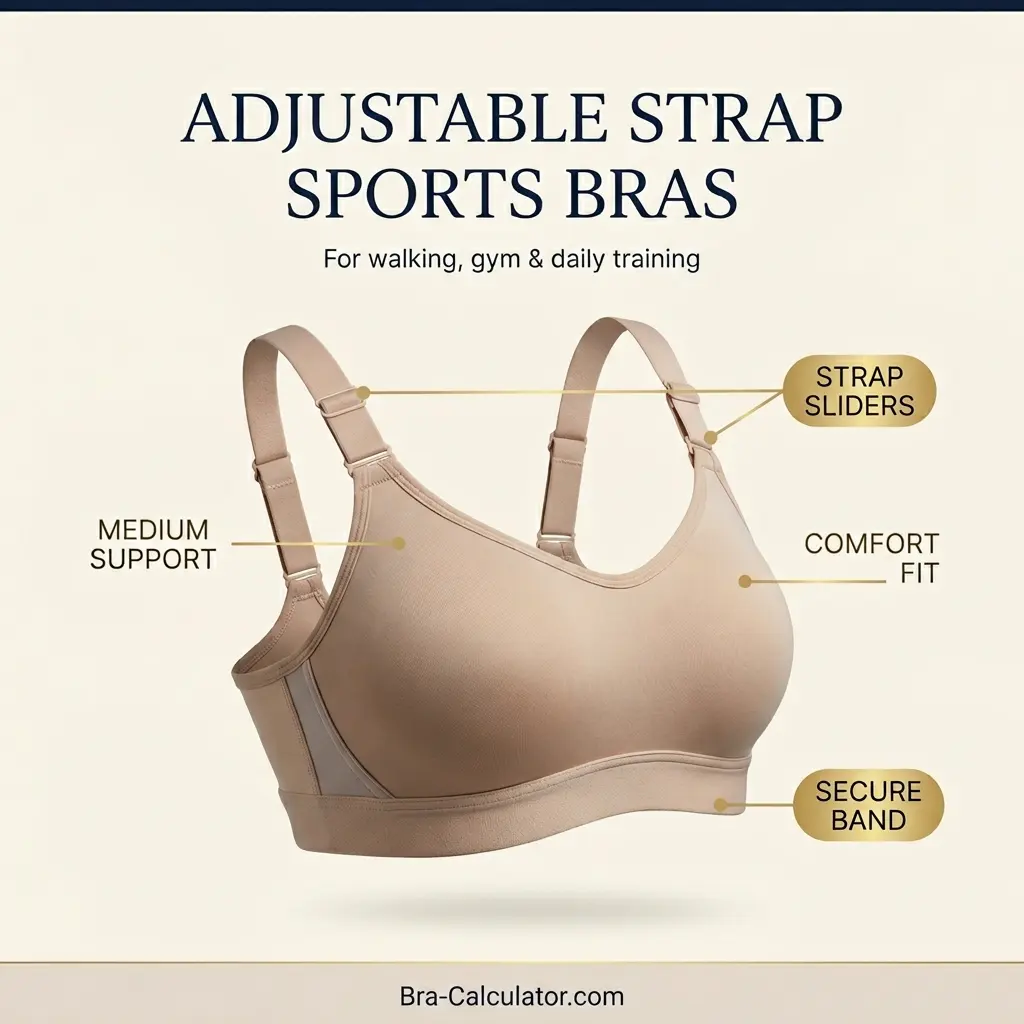 Adjustable strap medium support sports bra category for walking and gym workouts