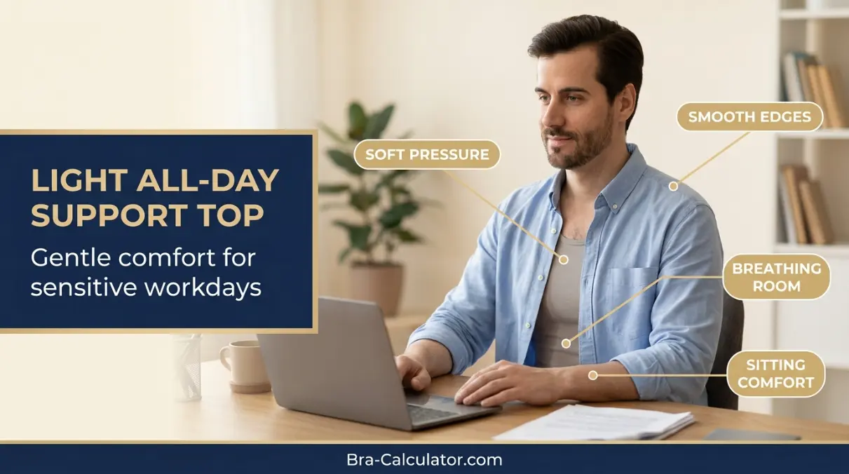 Light all day support top for men with gynecomastia tenderness at work