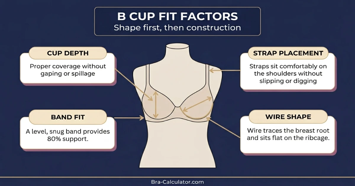 Diagram showing B cup fit factors — cup depth variety, band sizing importance, and shape-construction matching