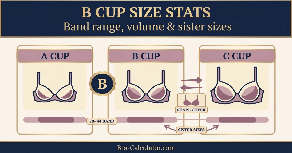 B cup statistics showing band range from 28 to 44, sister sizes A and C, and availability across mainstream and specialist brands