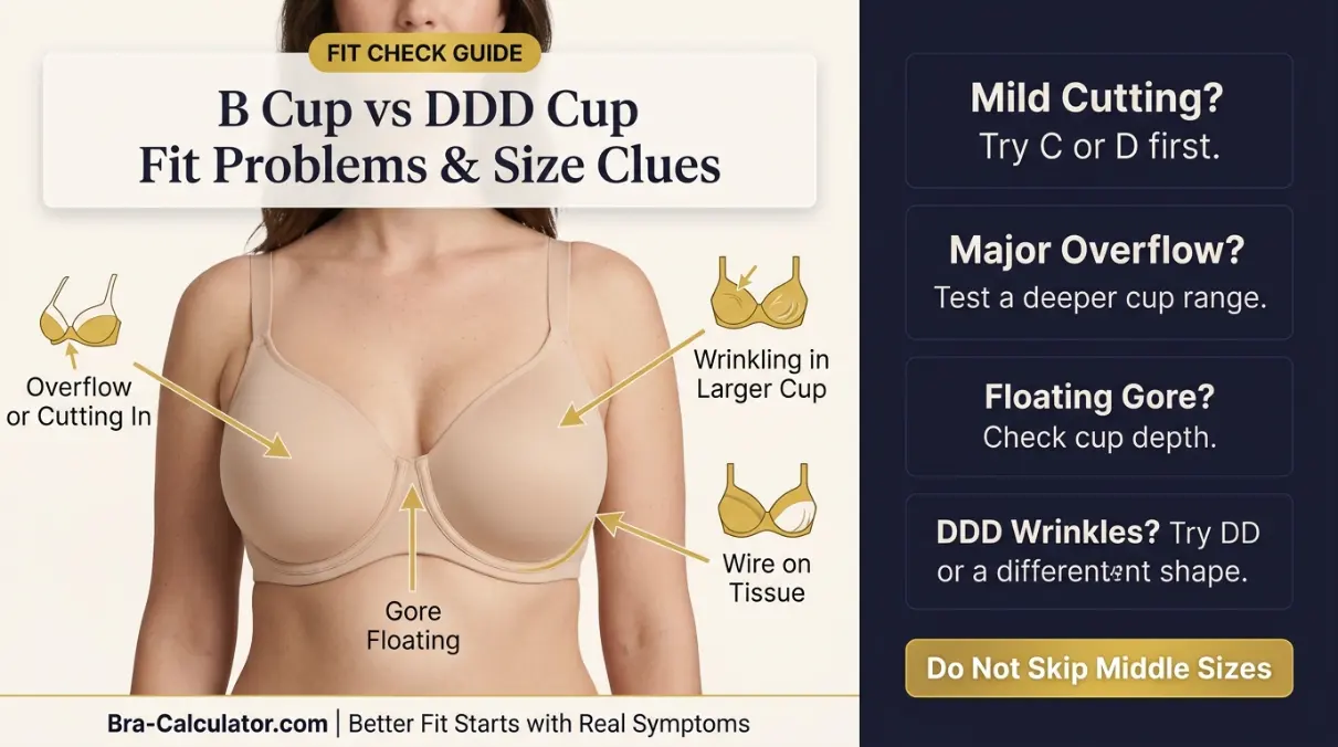 B Cup vs DDD Cup fit problem diagram showing mild cutting vs major overflow, floating gore, and middle-size checkpoints