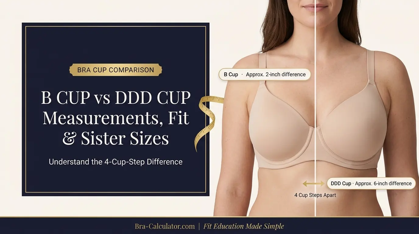 B Cup vs DDD Cup hero comparison graphic with dark navy and gold branding