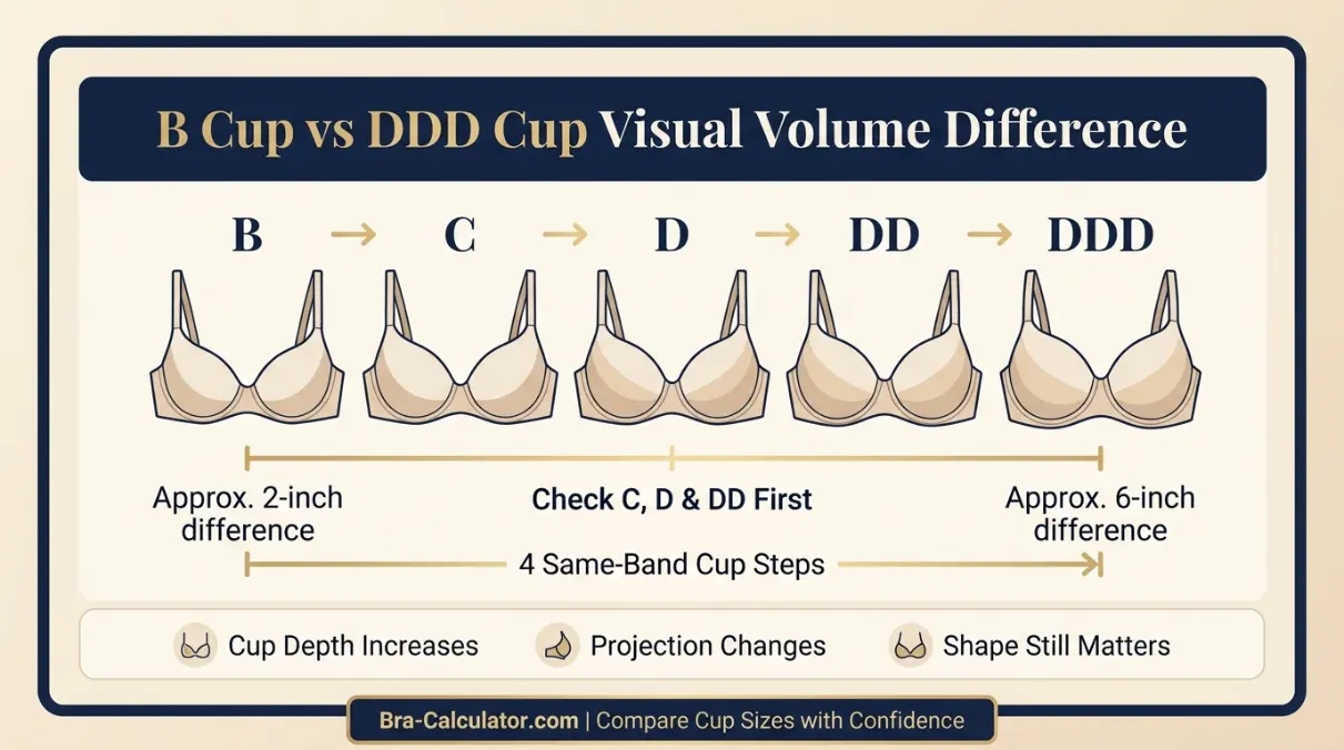 B Cup vs DDD Cup same-band visual volume comparison infographic