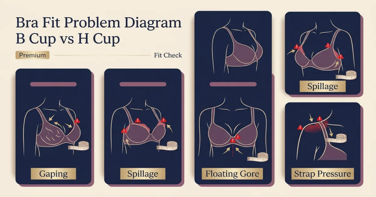 B Cup vs H Cup fit problem diagram showing gaping spillage floating gore side tissue and strap pressure