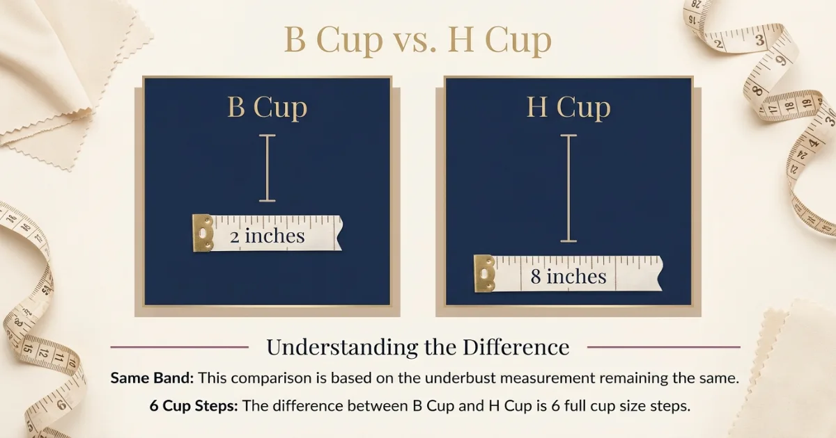 B Cup vs H Cup measurement diagram showing bust minus underbust cup depth difference