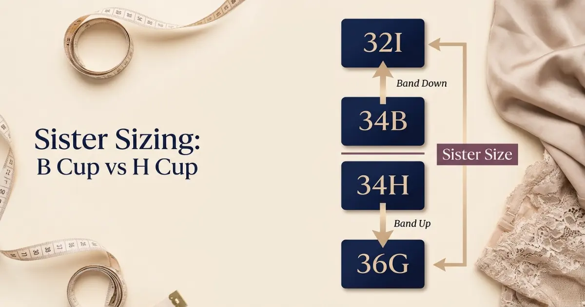 B Cup vs H Cup sister size ladder showing band and cup adjustments