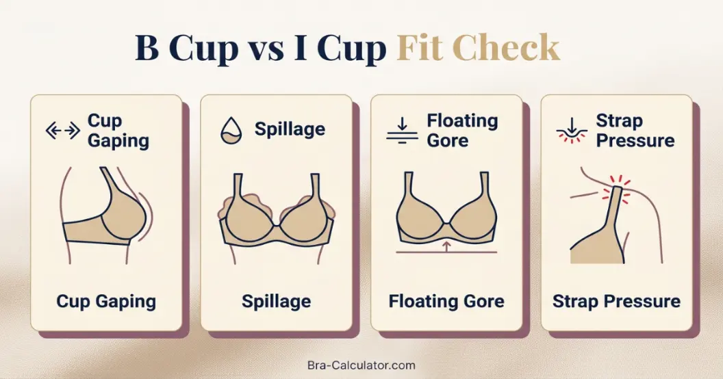B Cup vs I Cup fit problem diagram showing gaping spillage floating gore side tissue and strap pressure