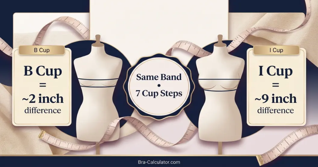 B Cup vs I Cup premium comparison hero with measurement tape and navy gold Bra-Calculator branding