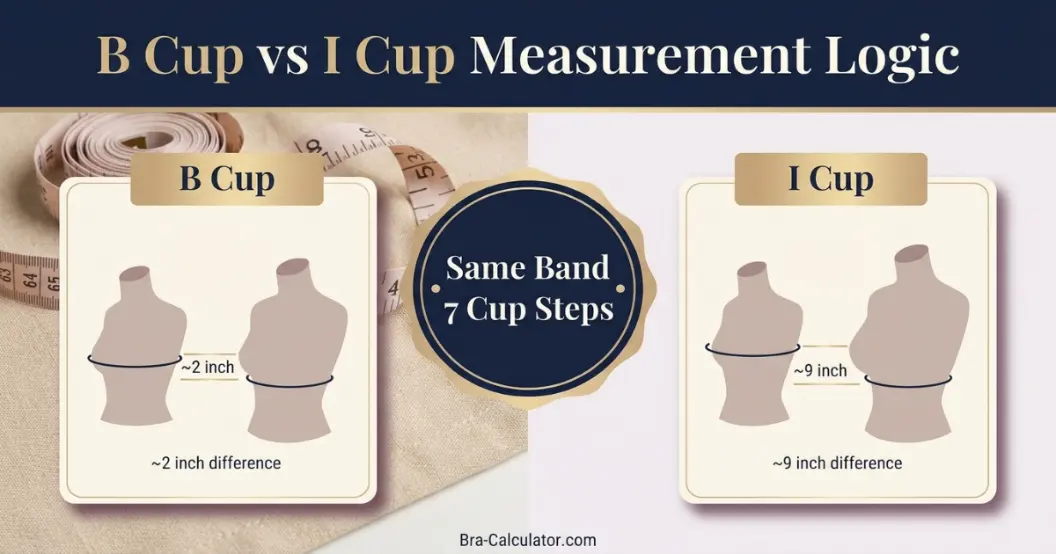 B Cup vs I Cup measurement diagram showing bust minus underbust cup depth difference