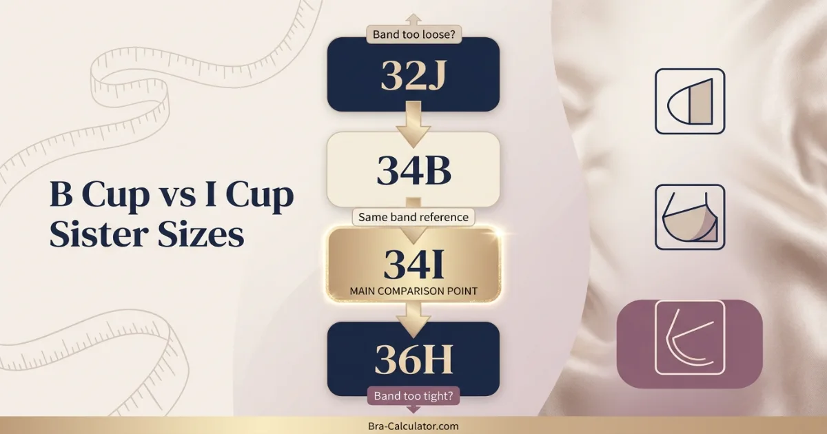 B Cup vs I Cup sister size ladder showing band and cup adjustments
