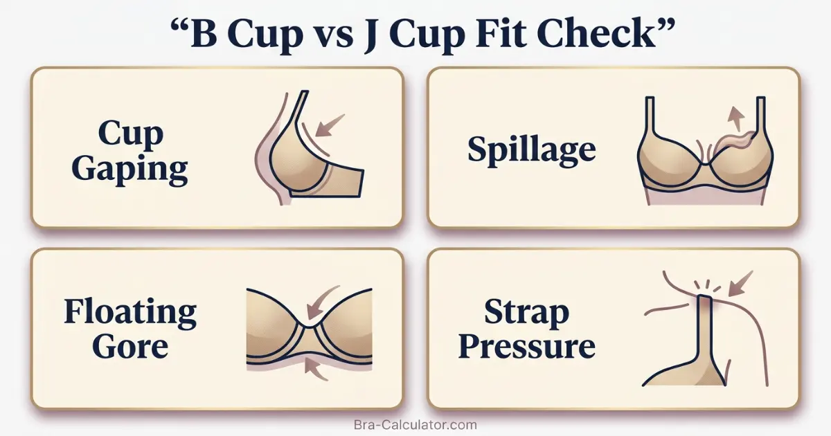 B Cup vs J Cup fit problem diagram showing gaping spillage floating gore side tissue and strap pressure