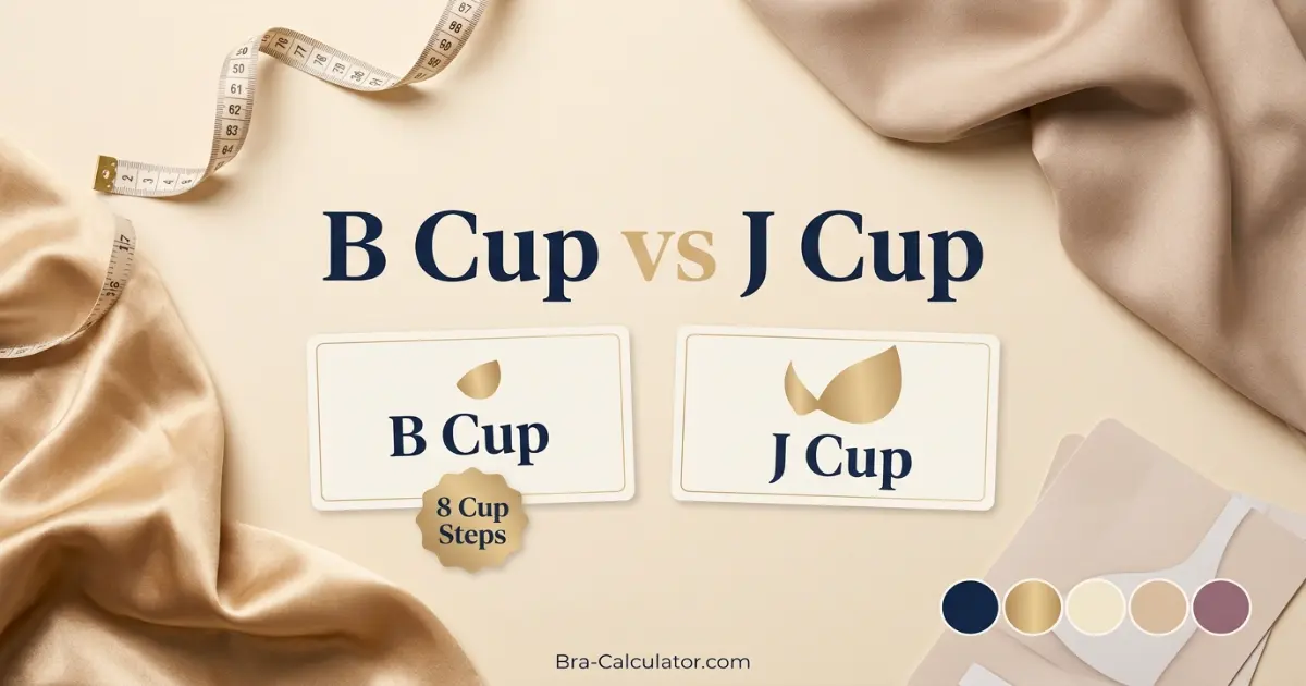 B Cup vs J Cup premium comparison hero with measurement tape and navy gold Bra-Calculator branding