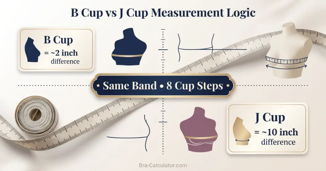 B Cup vs J Cup measurement diagram showing bust minus underbust cup depth difference