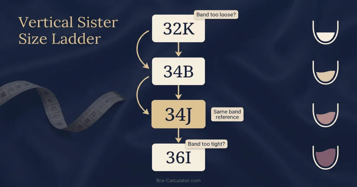 B Cup vs J Cup sister size ladder showing band and cup adjustments