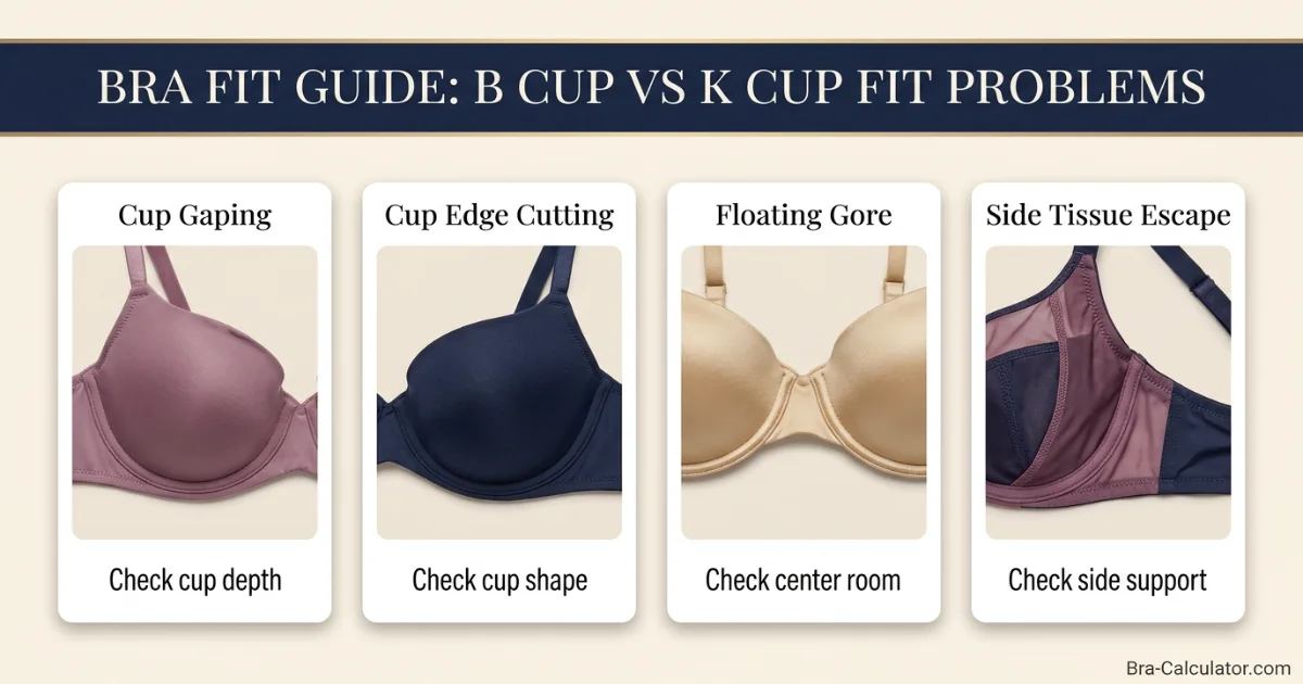 B Cup vs K Cup fit problem diagram showing gaping spillage floating gore side tissue and strap pressure
