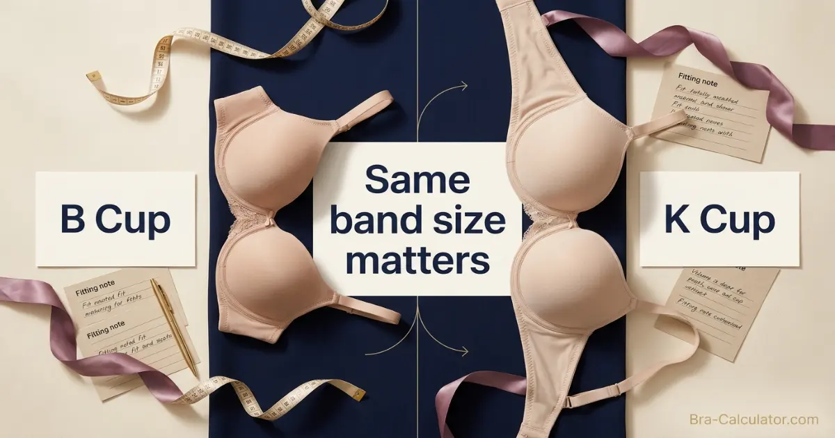 B Cup vs K Cup premium comparison hero with measurement tape and navy gold Bra-Calculator branding