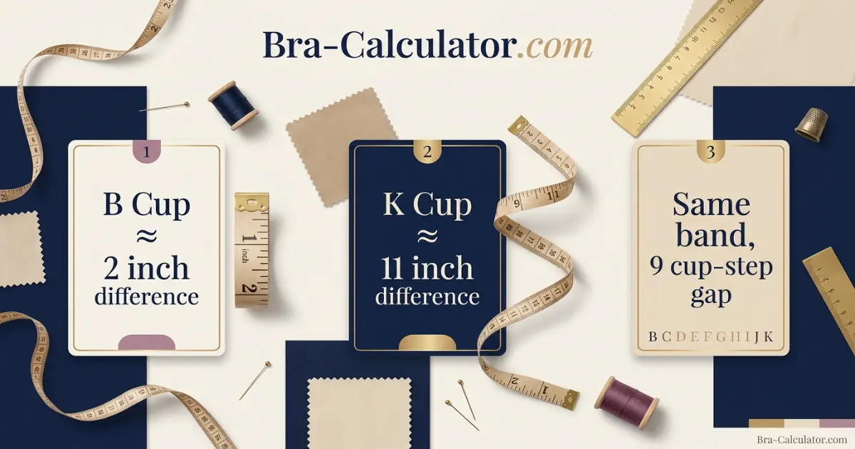 B Cup vs K Cup measurement diagram showing bust minus underbust cup depth difference