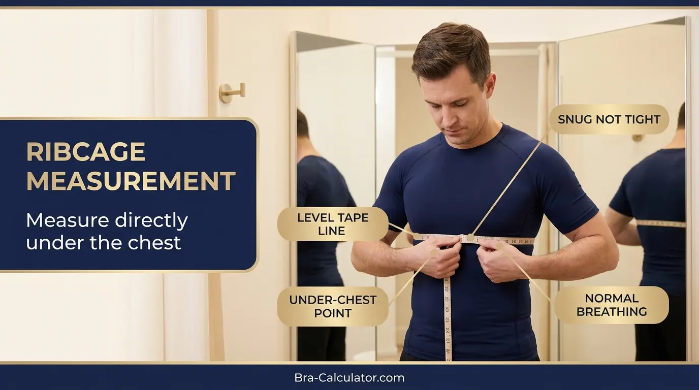 Band size for men showing ribcage measurement under the chest for bra support sizing