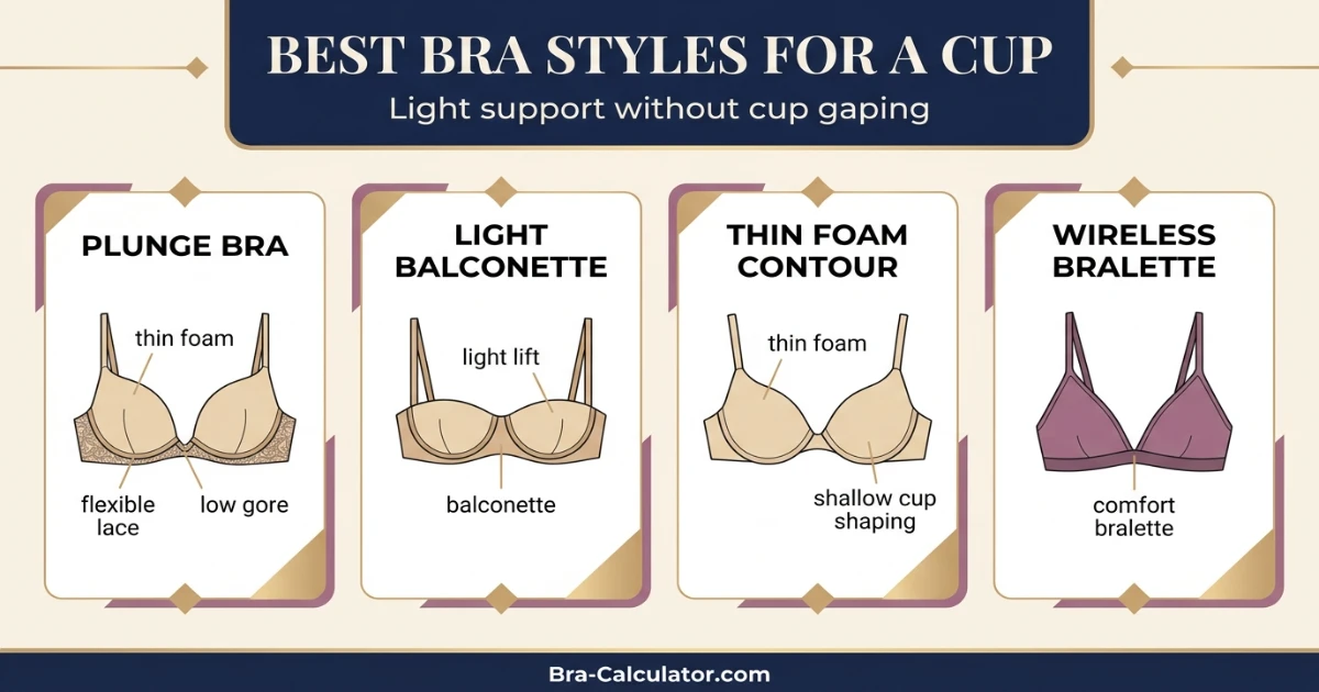 Best bra styles for A cup shown side by side — plunge with floating gore, lightly lined balconette, and thin foam contour bra