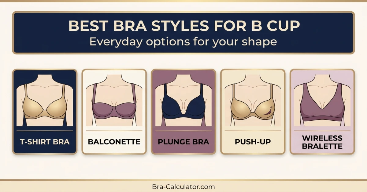 Best bra styles for B cup — T-shirt bra, balconette, plunge, push-up, and sports options side by side