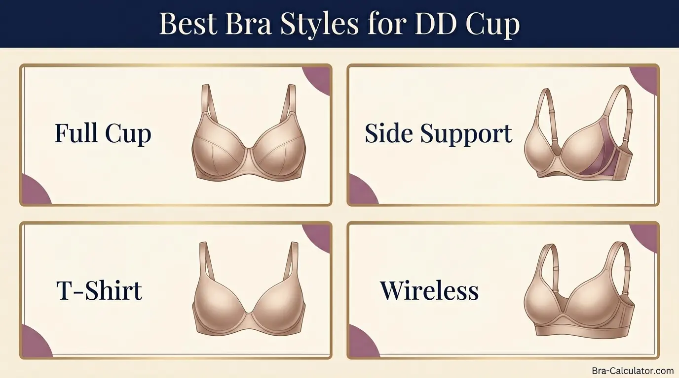 Best bra styles for DD cup — Wacoal internal sling, Panache seamed full cup, Elomi heat-bonded, and Freya balconette
