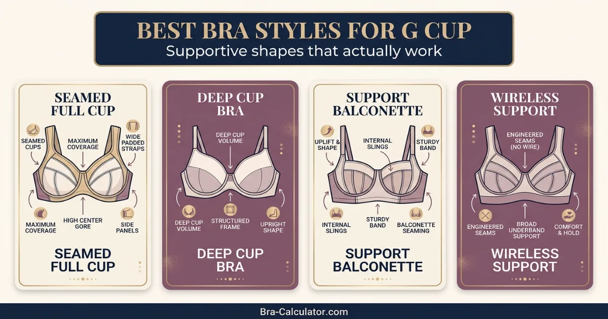 Best bra styles for G cup including seamed full cup, deep cup underwire, specialist balcony and structured wireless bras